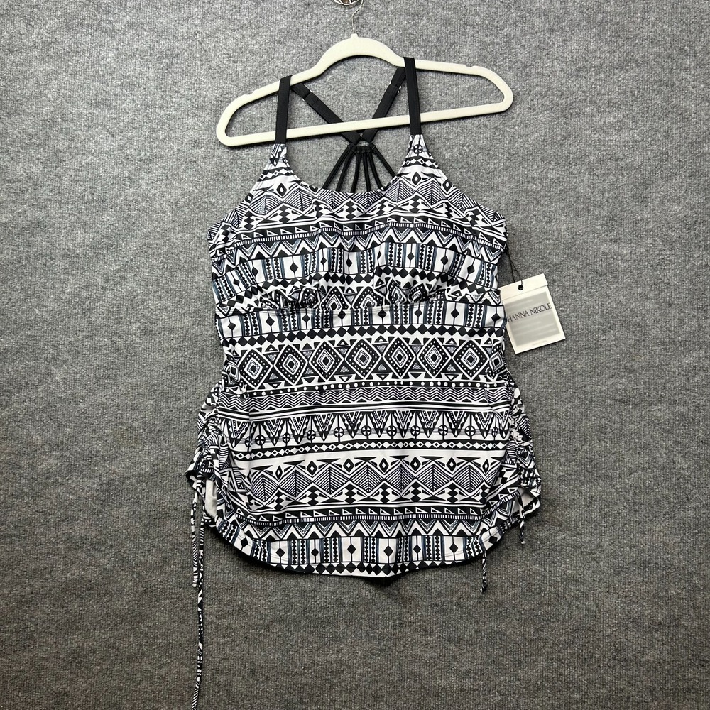 Hanna Nikole Tankini Swim Top Women's Black White Geometric Tribal Print Stretch